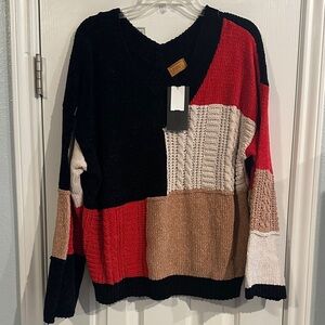 Colorblock V-Neck Women’s Sweater in Black, Red, Cream, and Tan